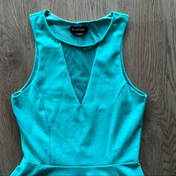 Bebe Women’s Small Aqua Peplum Tank Top Blouse w/ V-Neck Mesh Video - Picture 3 of 8